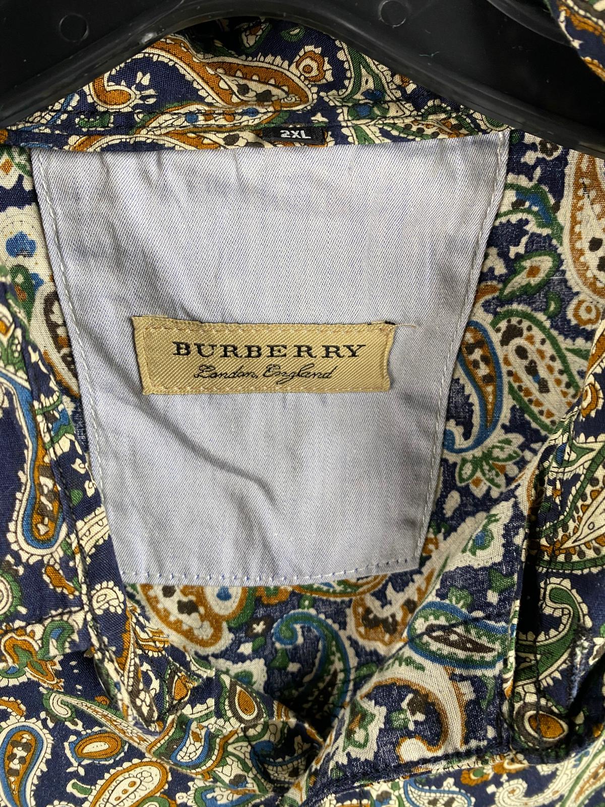 Burberry Men's Short Sleeve Button Up Shirt| Green, Gold, and Blue Paisley Print