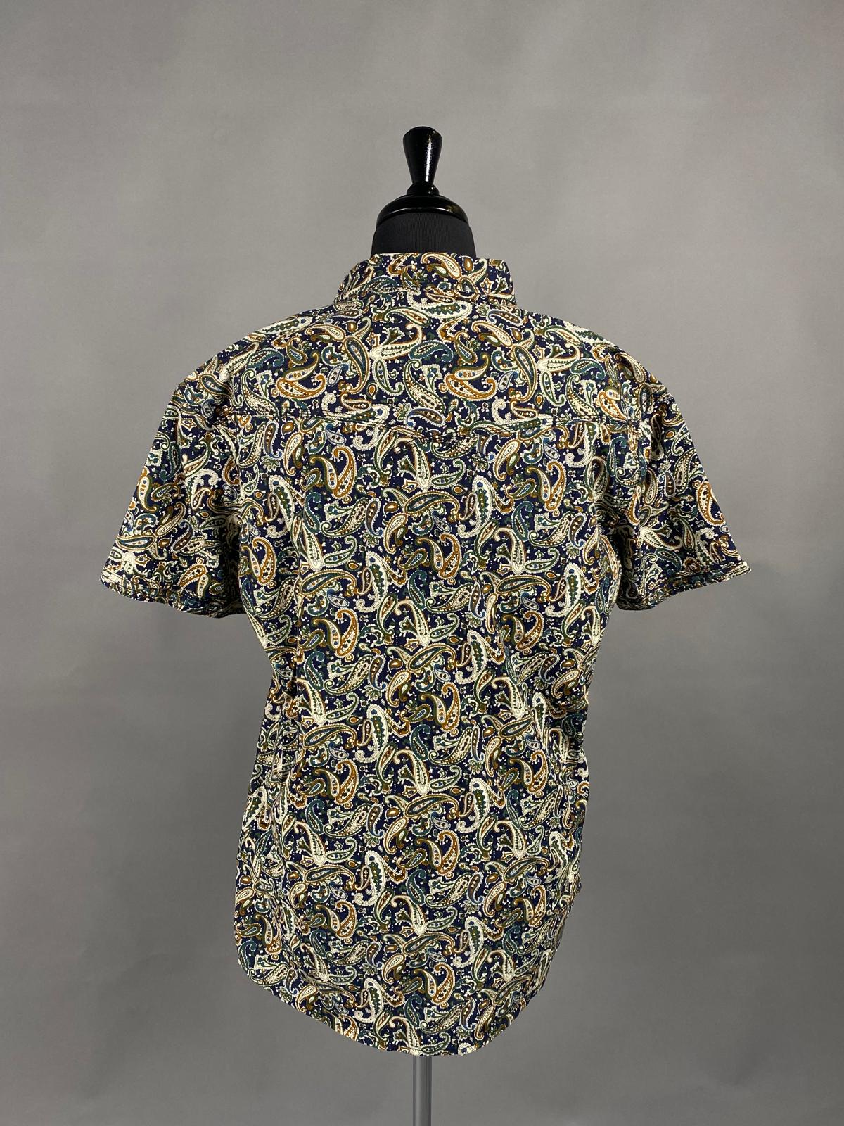 Burberry Men's Short Sleeve Button Up Shirt| Green, Gold, and Blue Paisley Print