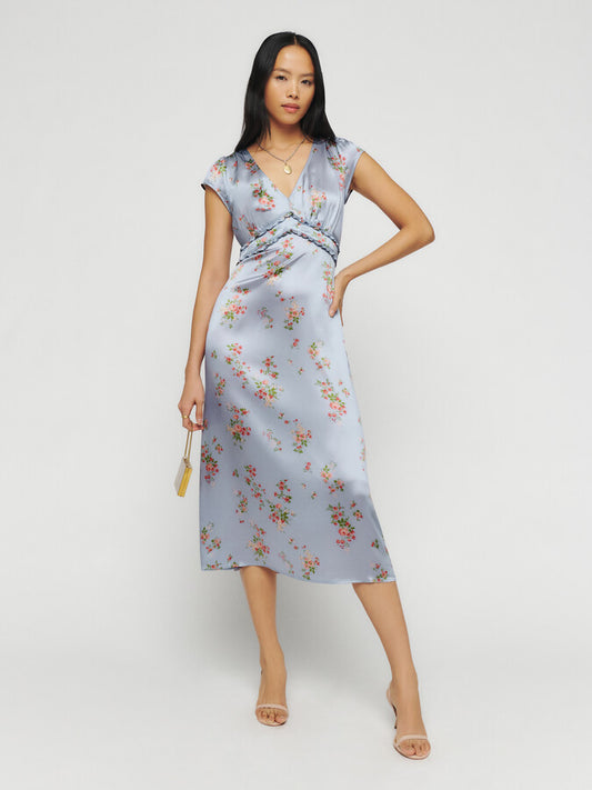 Reformation Kaye Silk Floral Dress | Purple Floral Midi Dress